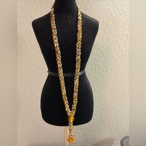 Vtg Long Braided Multi-Color Seeded Beaded Necklace with Tassels 17”